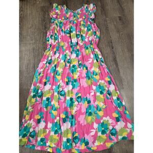 DRAPER JAMES RSVP Smocked-Yoke Ruffle Short Dress Pink Floral Size XL